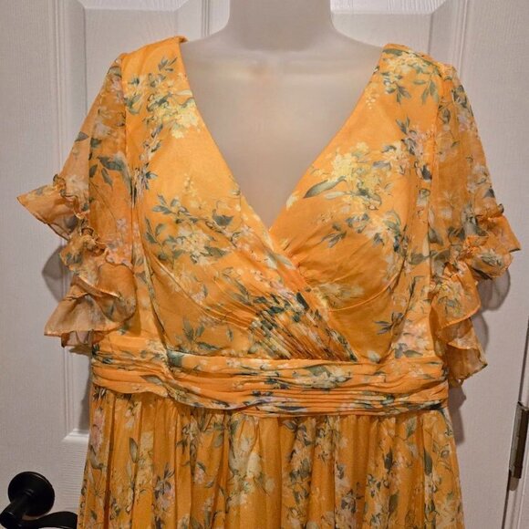 Mac Duggal Flounce Sleeve Floral Maxi Dress in Yellow Multi Size 14 - Picture 12 of 15